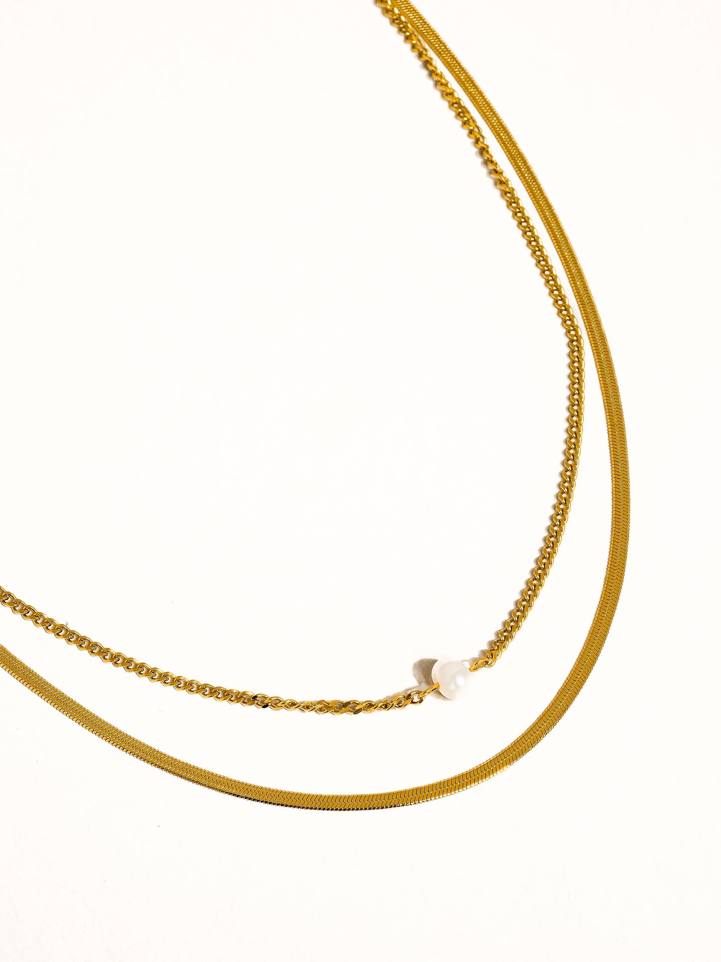 Owen 18K Gold Non-Tarnish layered Pearl Chain Necklace: Yellow Gold