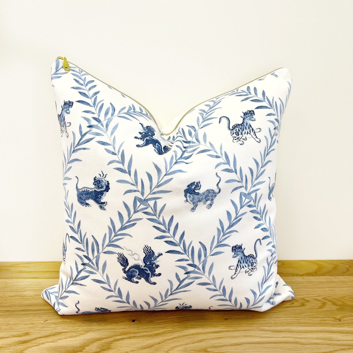 Designer Curated : Little Beasties + Coral blue and white Ginger Jar throw pillows by Danika Herrick