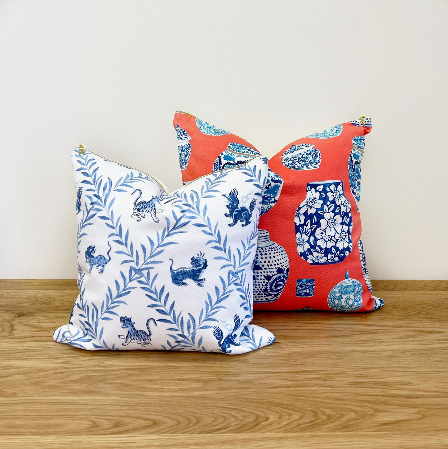 Designer Curated : Little Beasties + Coral blue and white Ginger Jar throw pillows by Danika Herrick