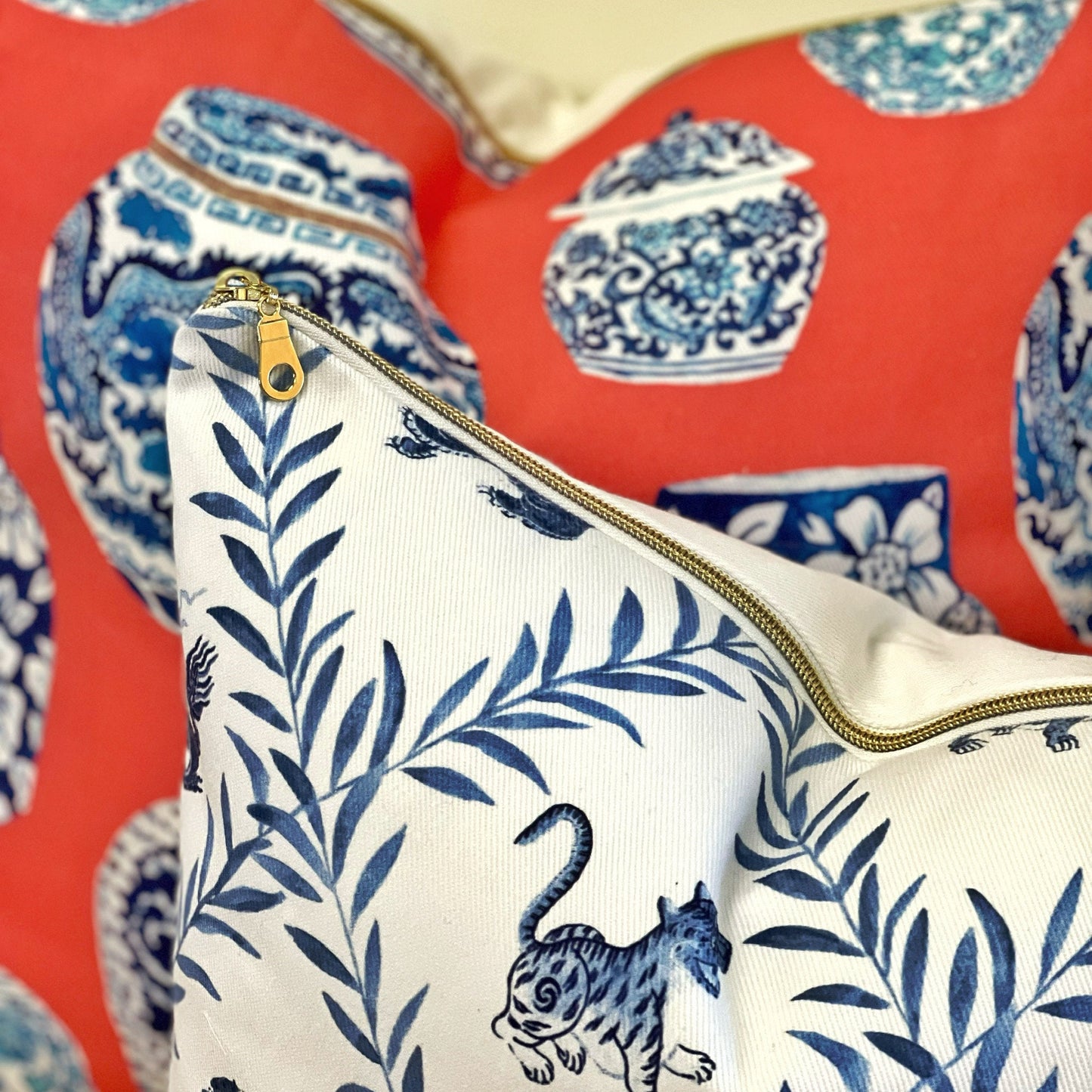 Designer Curated : Little Beasties + Coral blue and white Ginger Jar throw pillows by Danika Herrick