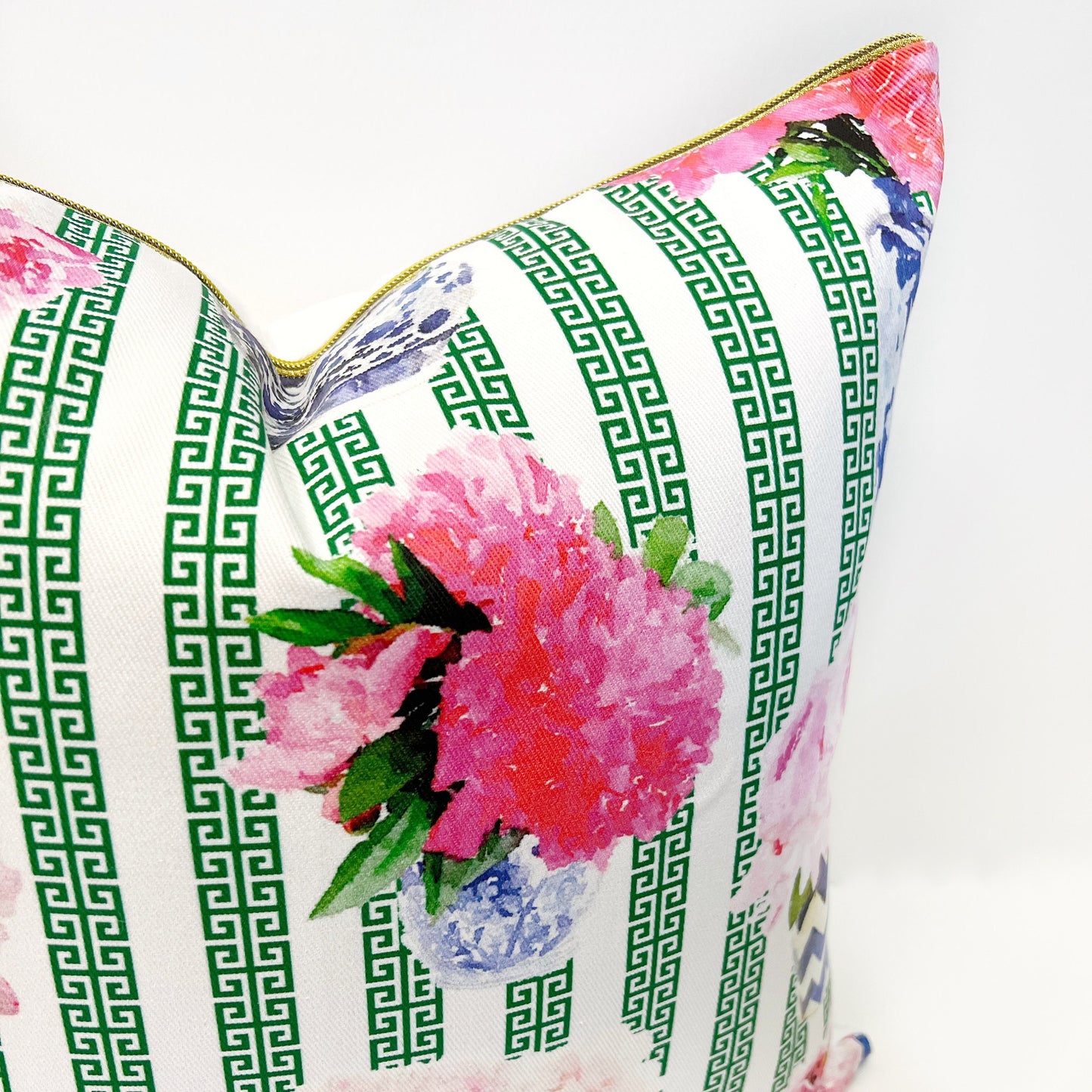 INCLUDES INSERTS 15x15 | Ginger Jar Peony with Greek Key Stripe | Designed by Danika Herrick | Grandmillennial Pillow | 15x15