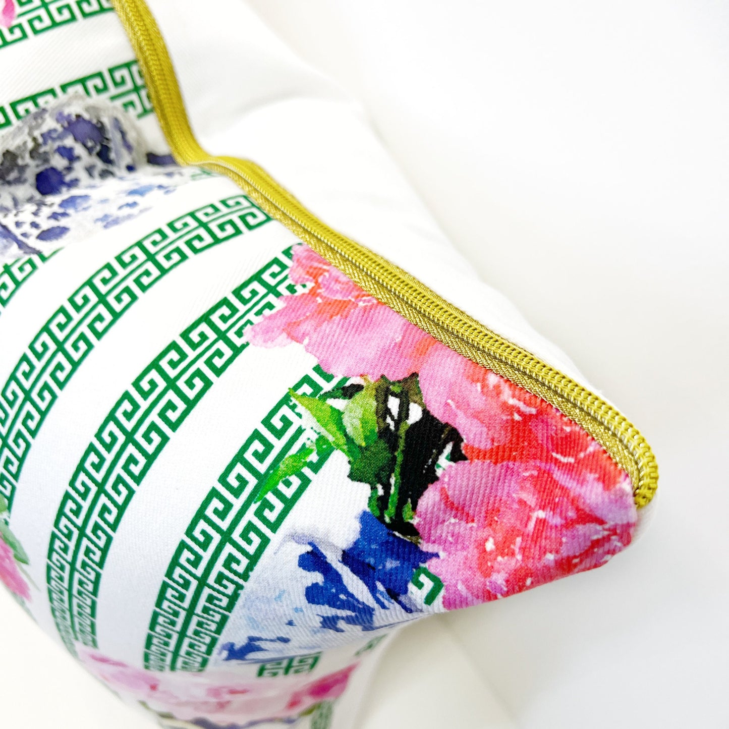 INCLUDES INSERTS 15x15 | Ginger Jar Peony with Greek Key Stripe | Designed by Danika Herrick | Grandmillennial Pillow | 15x15