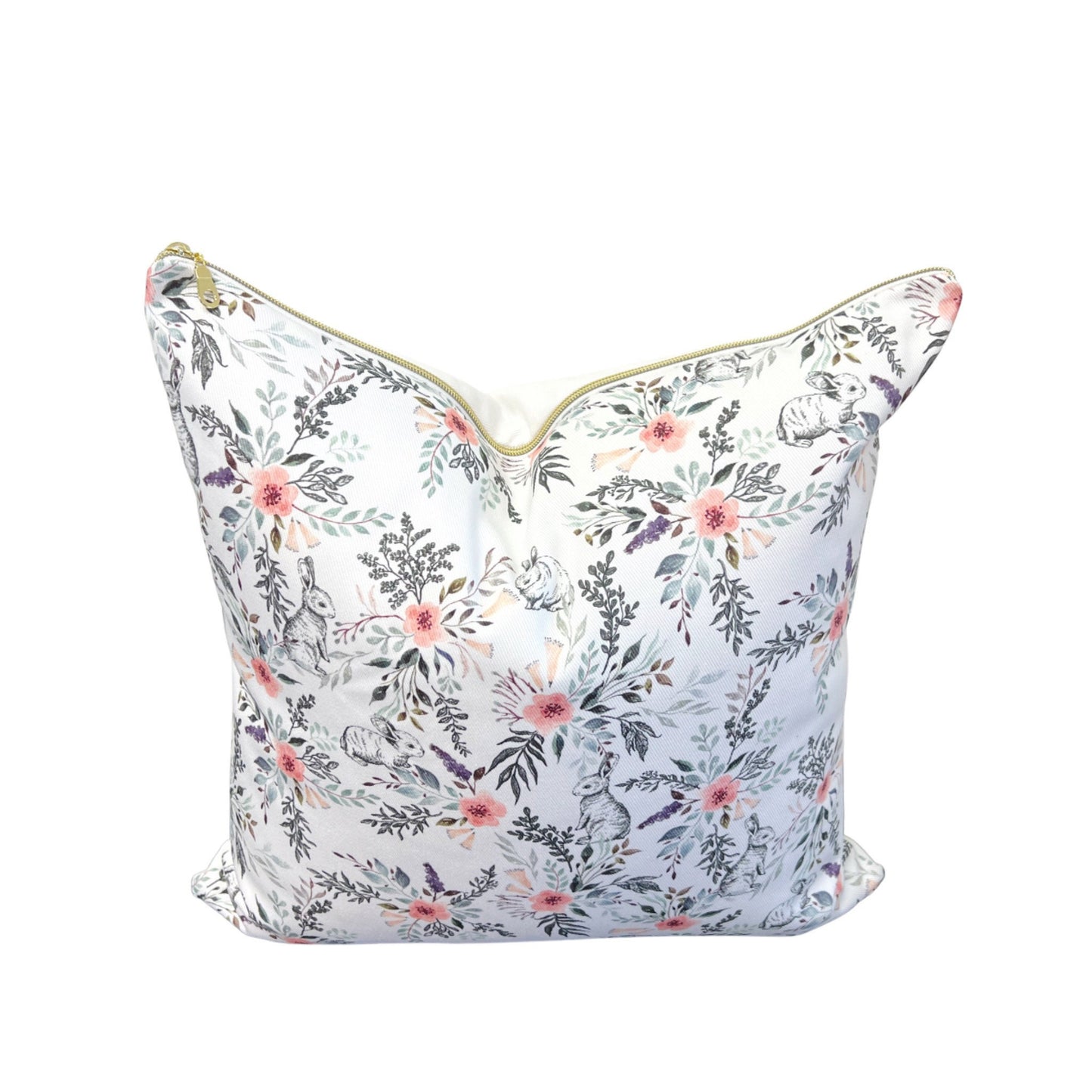 Cover Only | Watercolor + Ink Wildflowers and Rabbits | Designed by Erin Kendal| Pink and Green | Grandmillennial Accent Pillow | Nursery