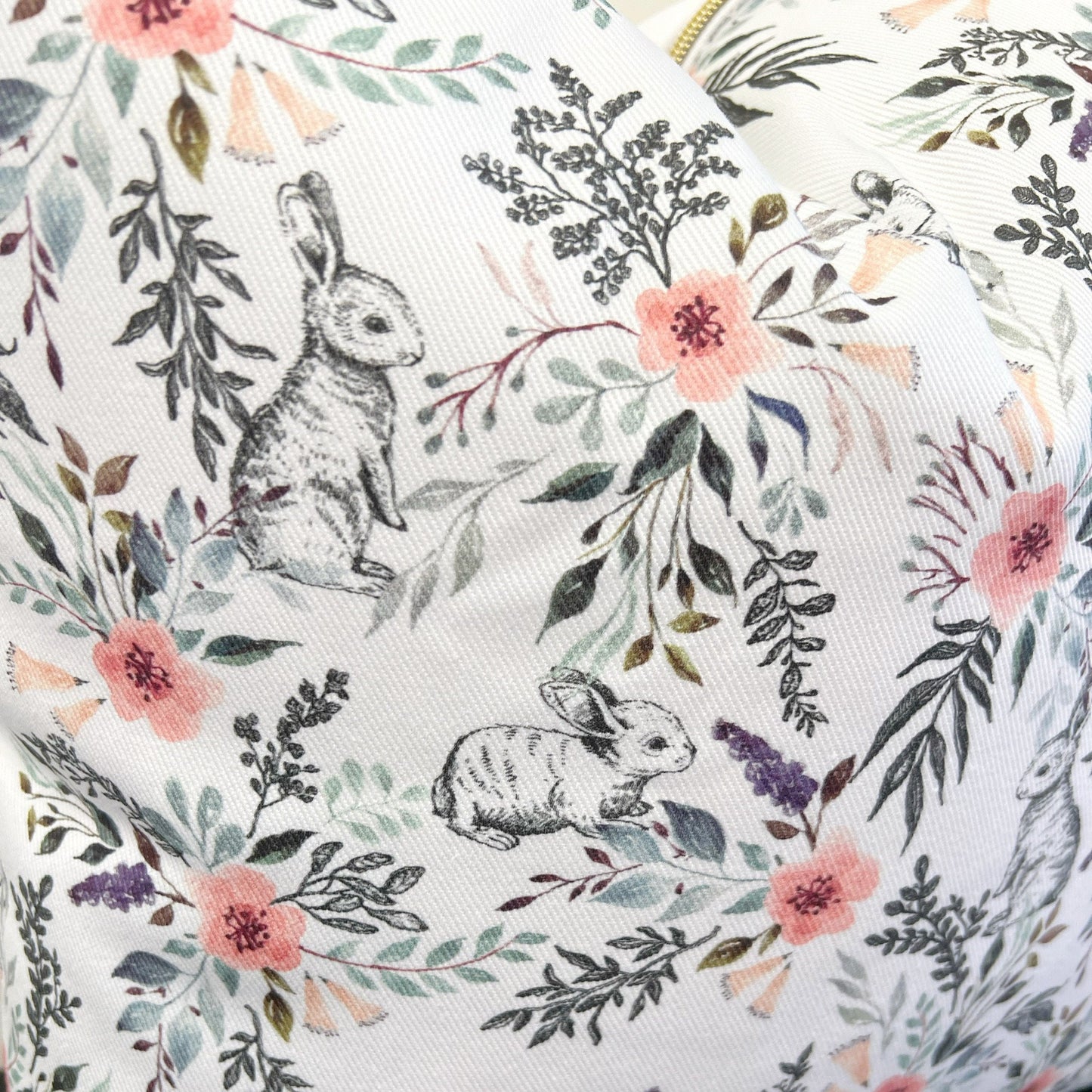 Cover Only | Watercolor + Ink Wildflowers and Rabbits | Designed by Erin Kendal| Pink and Green | Grandmillennial Accent Pillow | Nursery