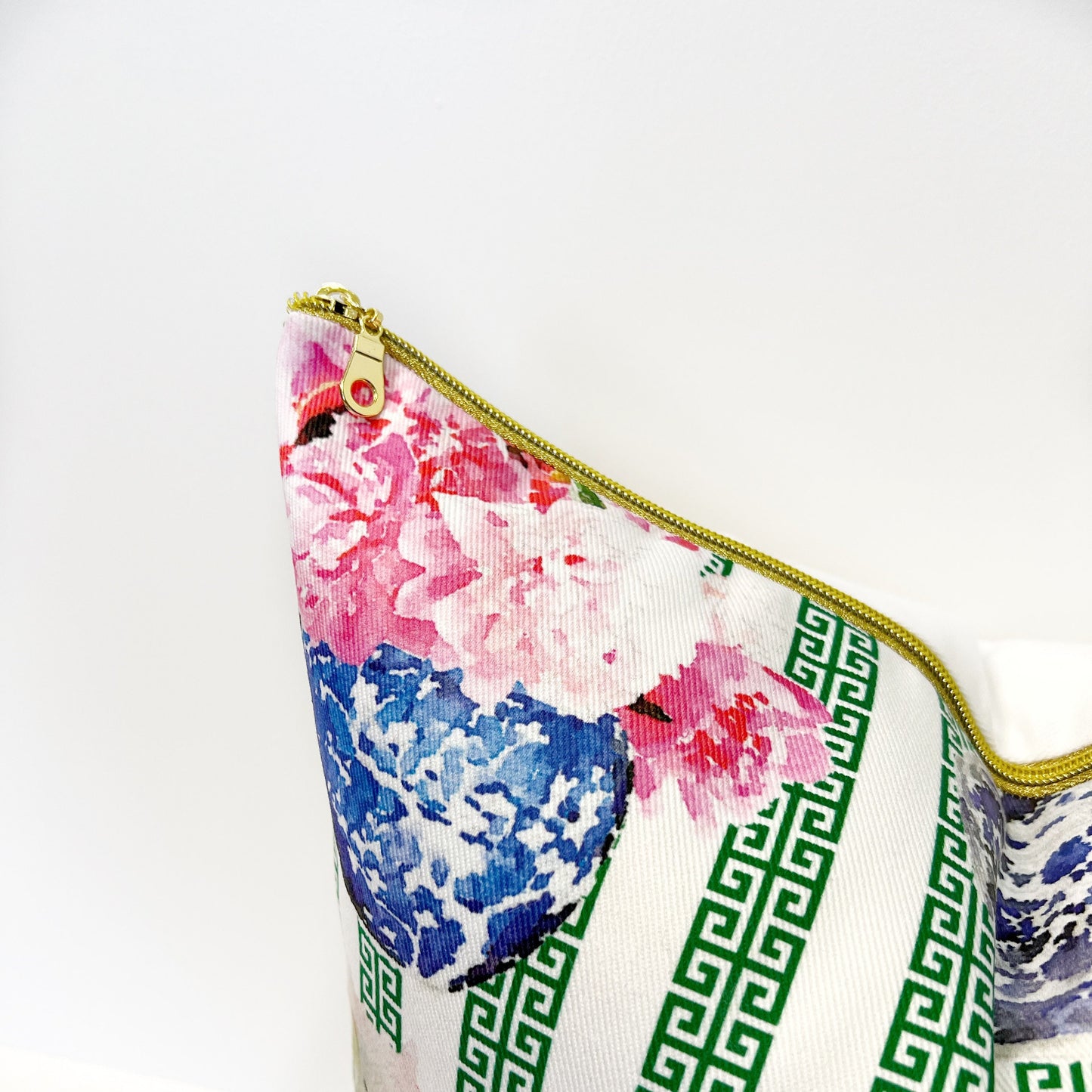 INCLUDES INSERTS 15x15 | Ginger Jar Peony with Greek Key Stripe | Designed by Danika Herrick | Grandmillennial Pillow | 15x15