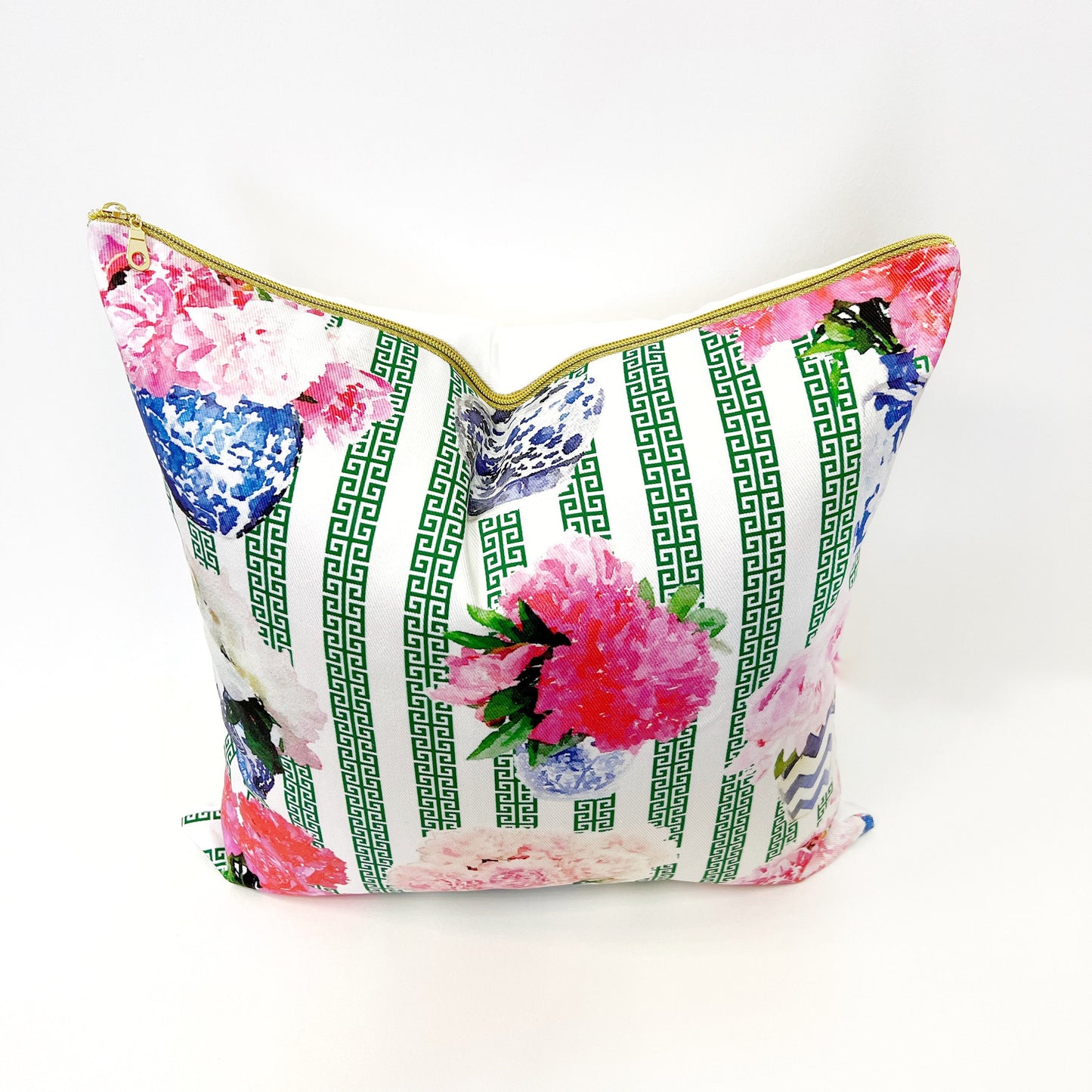INCLUDES INSERTS 15x15 | Ginger Jar Peony with Greek Key Stripe | Designed by Danika Herrick | Grandmillennial Pillow | 15x15