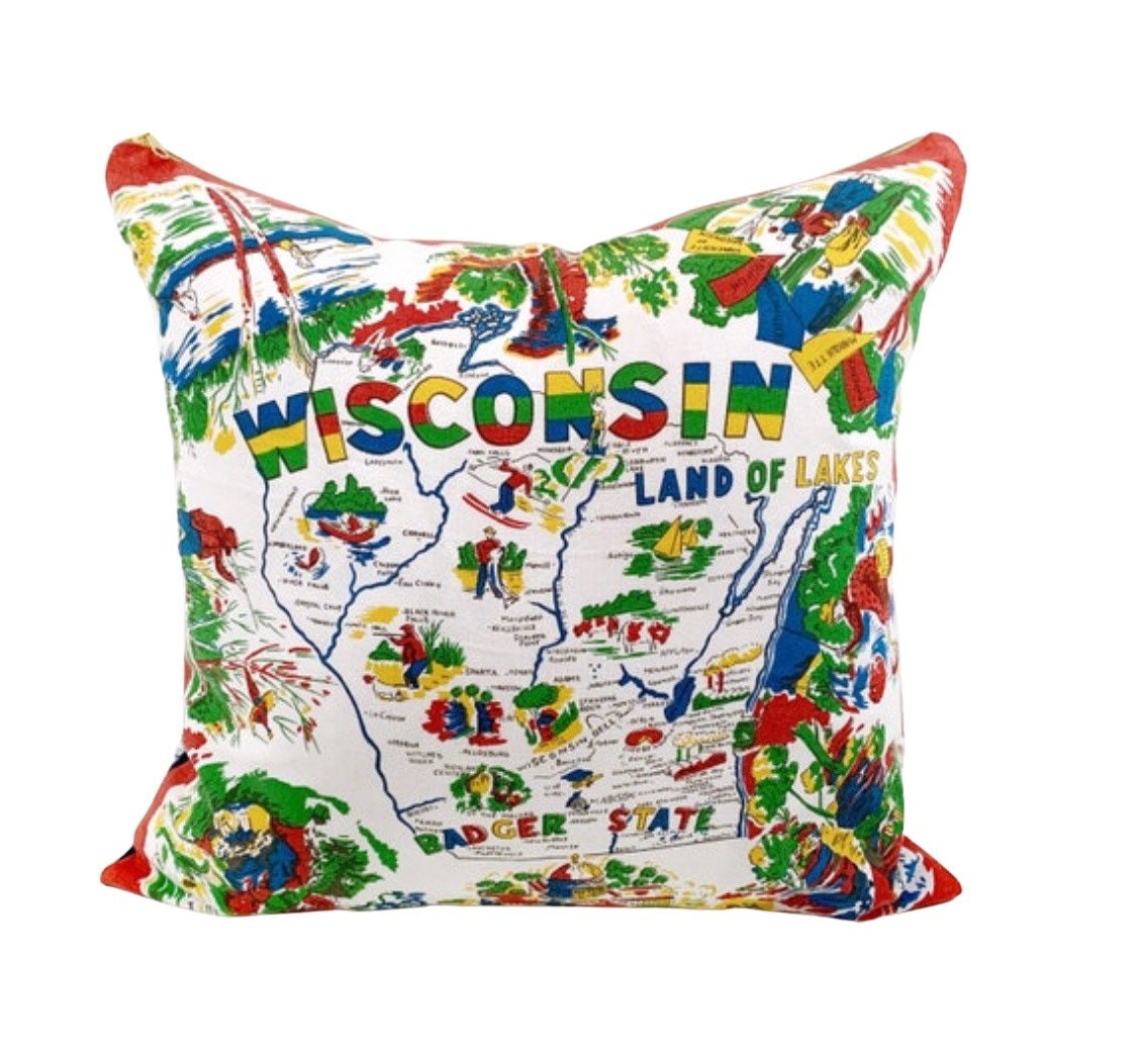 Vintage Wisconsin Accent Pillow | Vintage Flour Sack Pillow | Wisconsin State Pillow | Handmade Accent Pillow