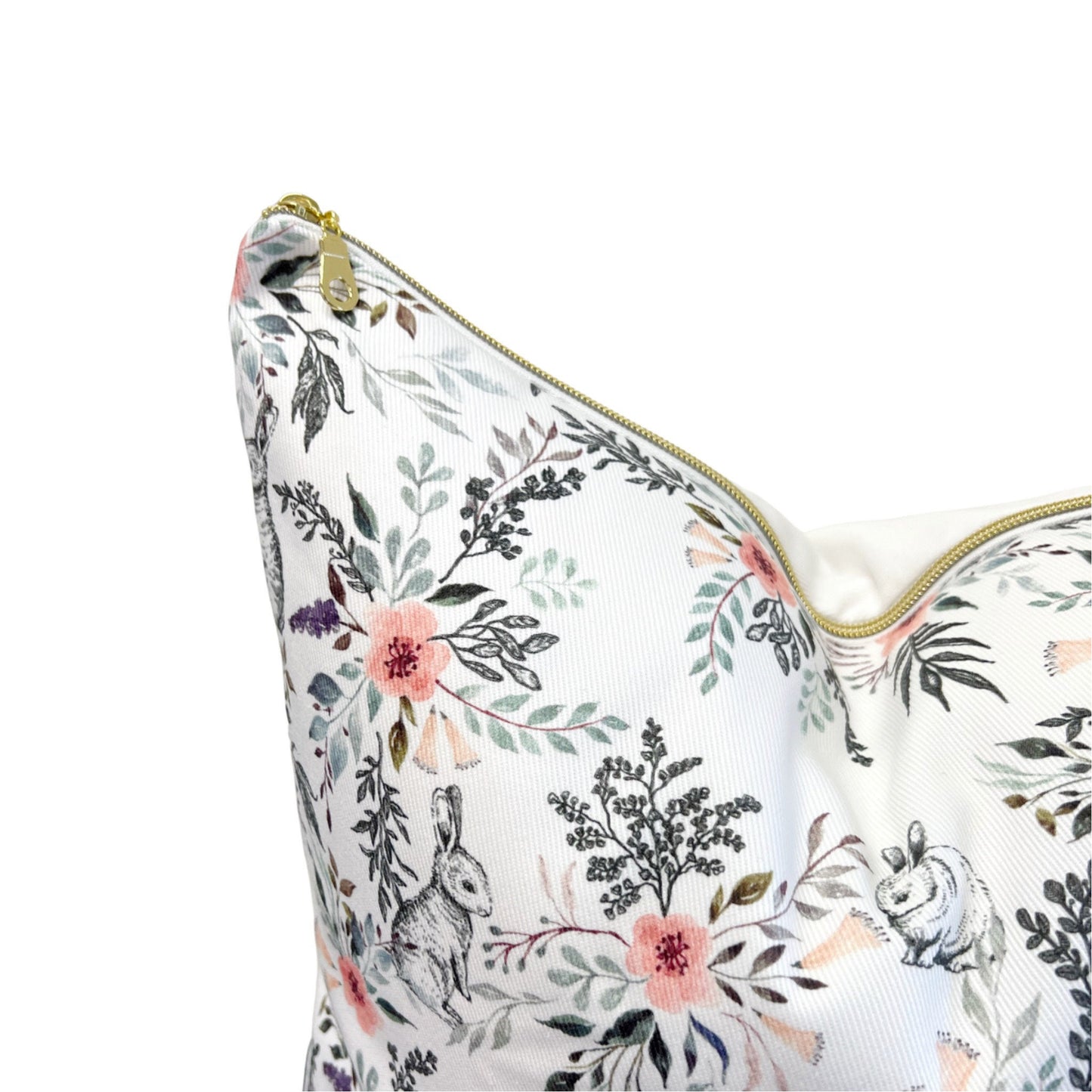 Cover Only | Watercolor + Ink Wildflowers and Rabbits | Designed by Erin Kendal| Pink and Green | Grandmillennial Accent Pillow | Nursery