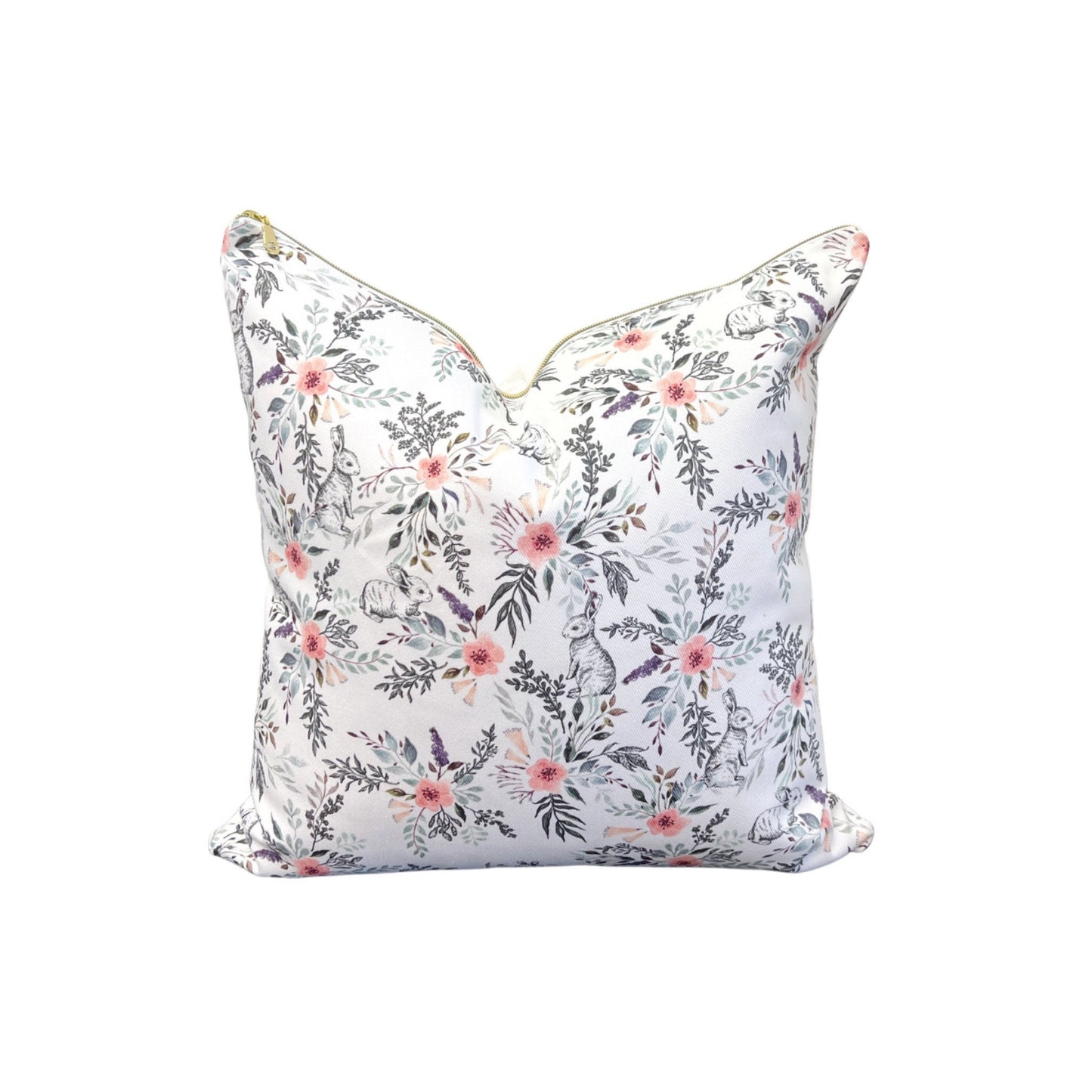 Cover Only | Watercolor + Ink Wildflowers and Rabbits | Designed by Erin Kendal| Pink and Green | Grandmillennial Accent Pillow | Nursery