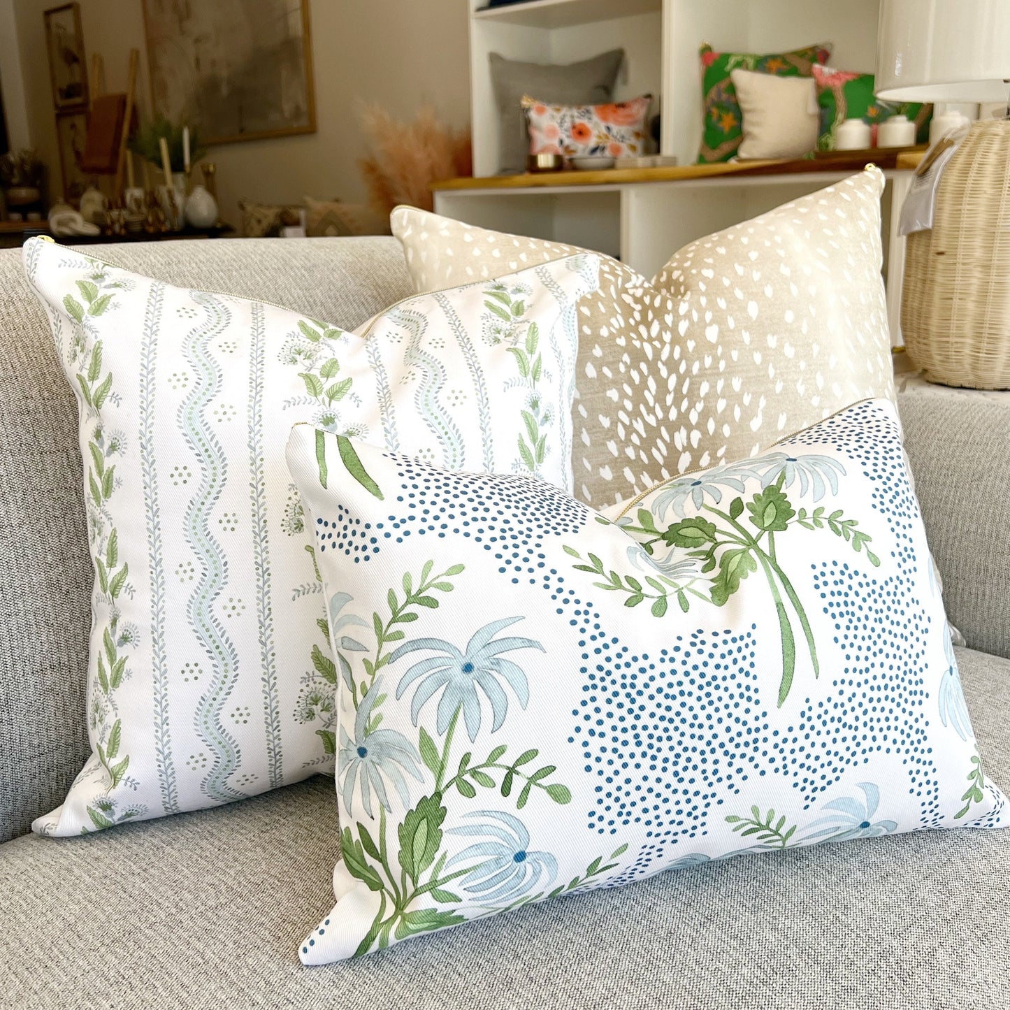 INCLUDES INSERTS 15x15 | Pearl’s Bouquet Blue and Green | Designed by Danika Herrick | Grandmillennial Accent Pillow| 15x15