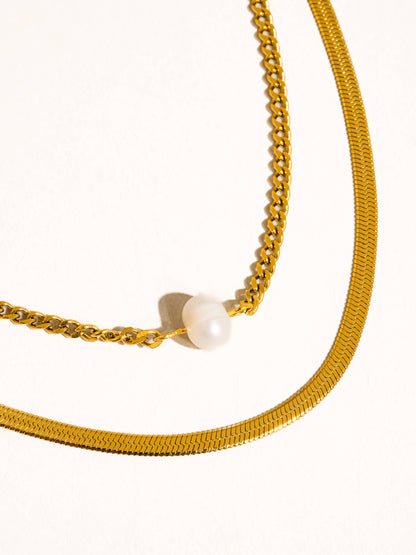 Owen 18K Gold Non-Tarnish layered Pearl Chain Necklace: Yellow Gold
