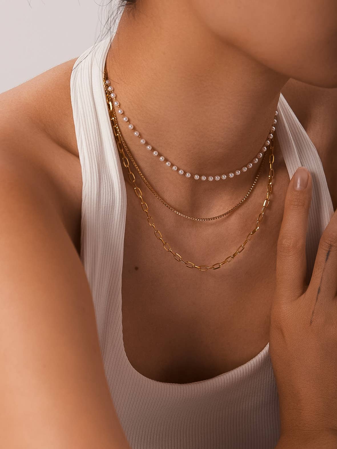 Cadeaux 18K Gold Non-Tarnish Stacked Pearl Chain Necklace: Yellow Gold
