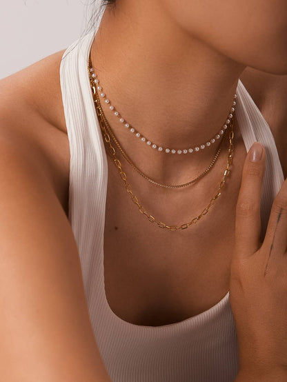 Cadeaux 18K Gold Non-Tarnish Stacked Pearl Chain Necklace: Yellow Gold