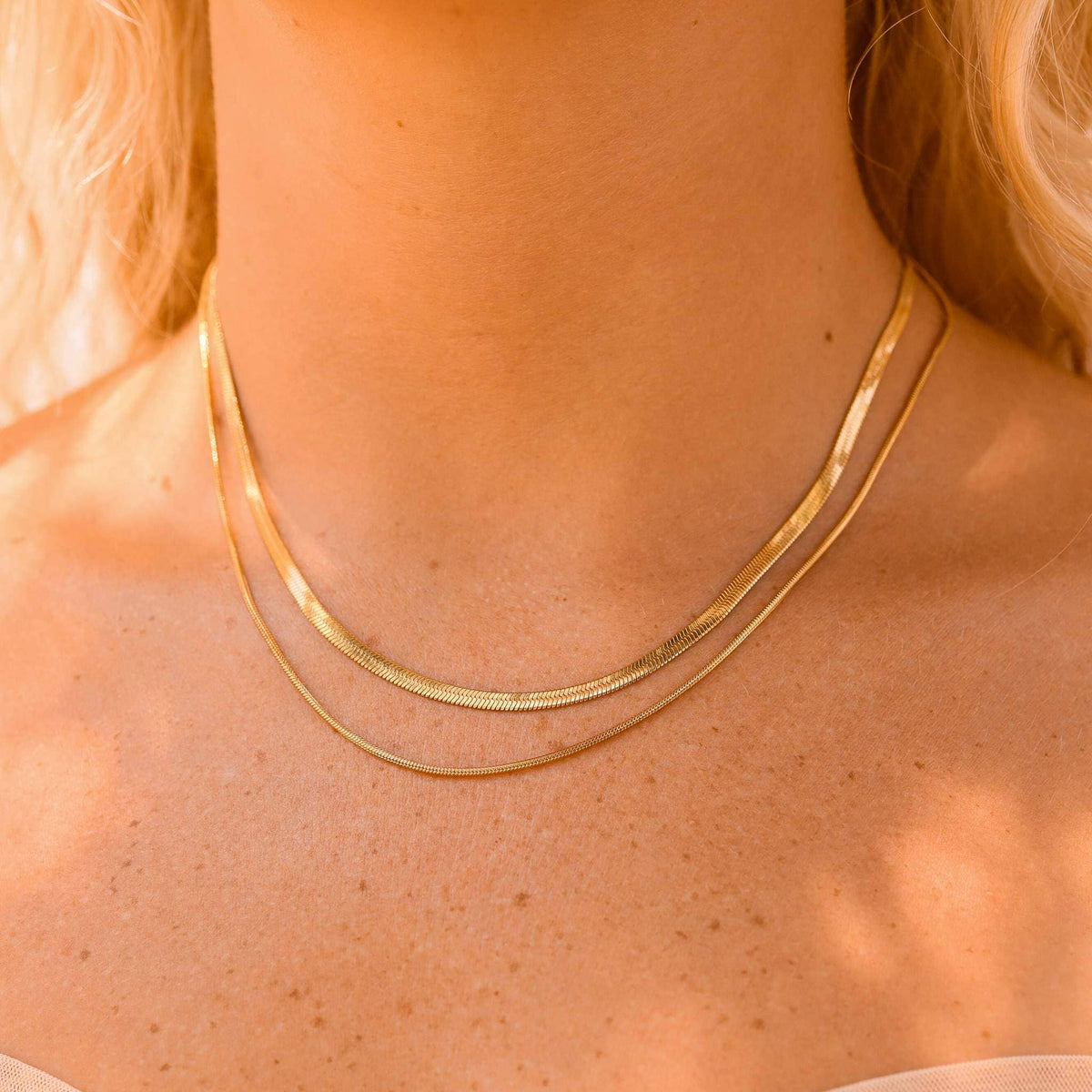 18K Gold tarnish free Herringbone Chain Necklace: 14" / 3mm