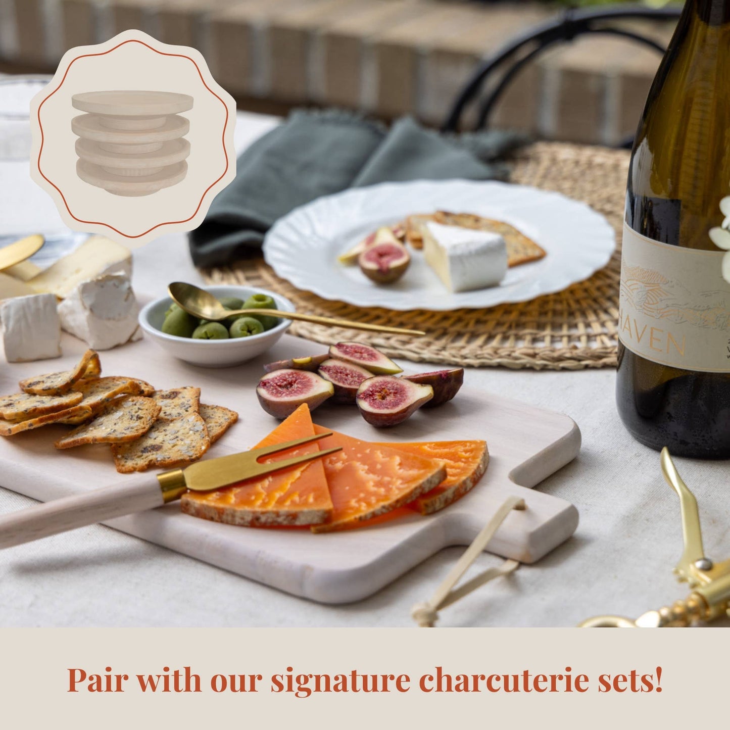 Wine Glass Charcuterie Plates - Set of 4, White-Washed