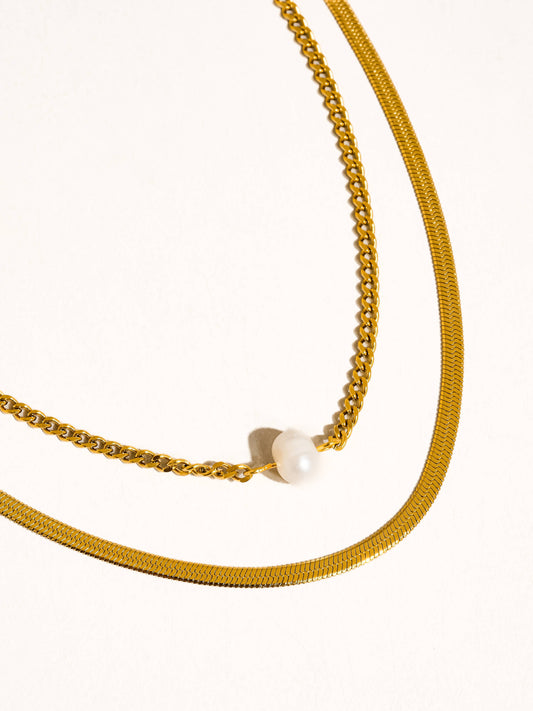 Owen 18K Gold Non-Tarnish layered Pearl Chain Necklace: Yellow Gold