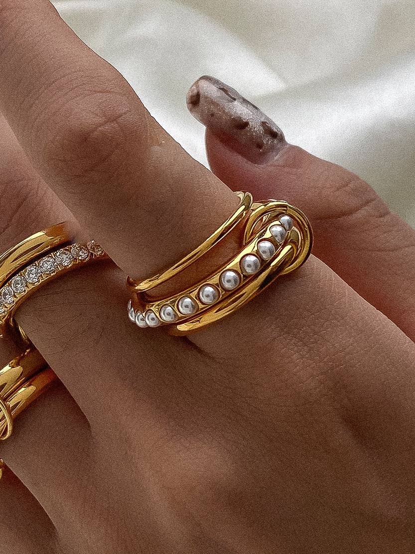 Danton 18K Gold Non-Tarnish Multi Stack Pearl Band Ring: Yellow Gold / 8