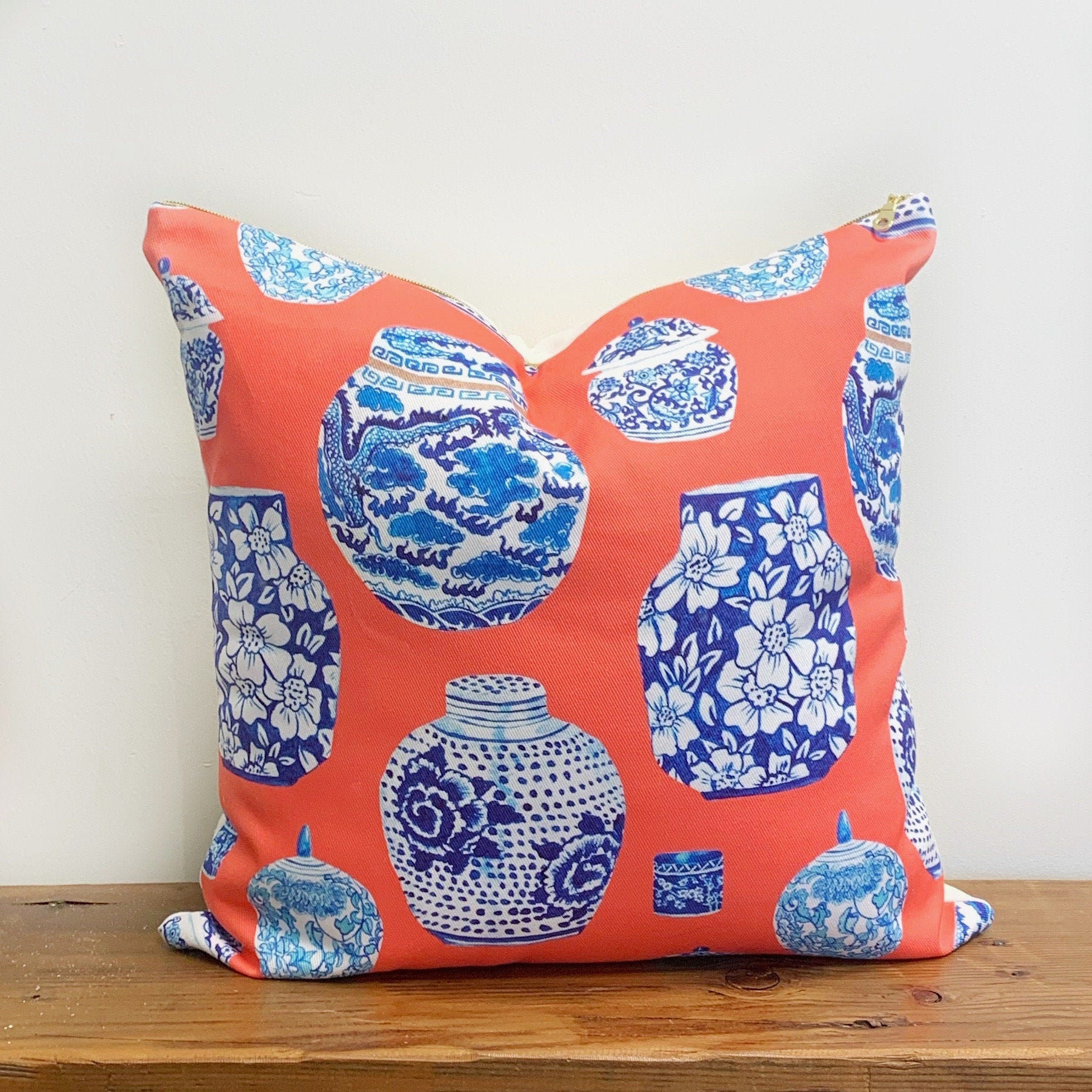 Designer Curated : Little Beasties + Coral blue and white Ginger Jar throw pillows by Danika Herrick