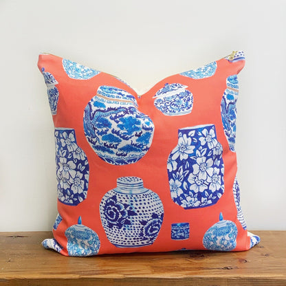 Designer Curated : Little Beasties + Coral blue and white Ginger Jar throw pillows by Danika Herrick