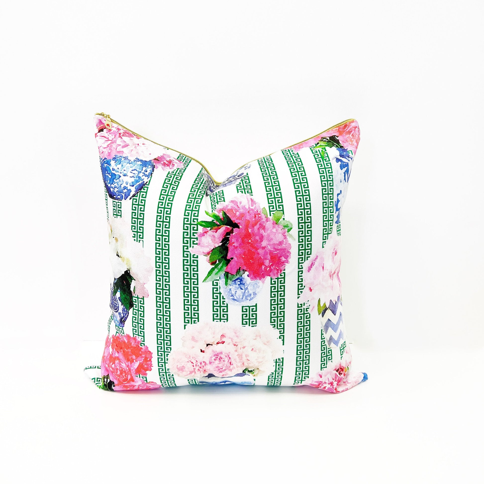 INCLUDES INSERTS 15x15 | Ginger Jar Peony with Greek Key Stripe | Designed by Danika Herrick | Grandmillennial Pillow | 15x15