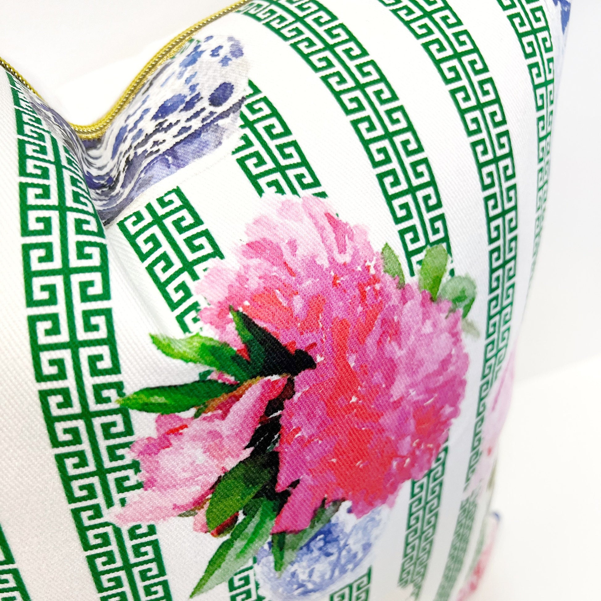 INCLUDES INSERTS 15x15 | Ginger Jar Peony with Greek Key Stripe | Designed by Danika Herrick | Grandmillennial Pillow | 15x15
