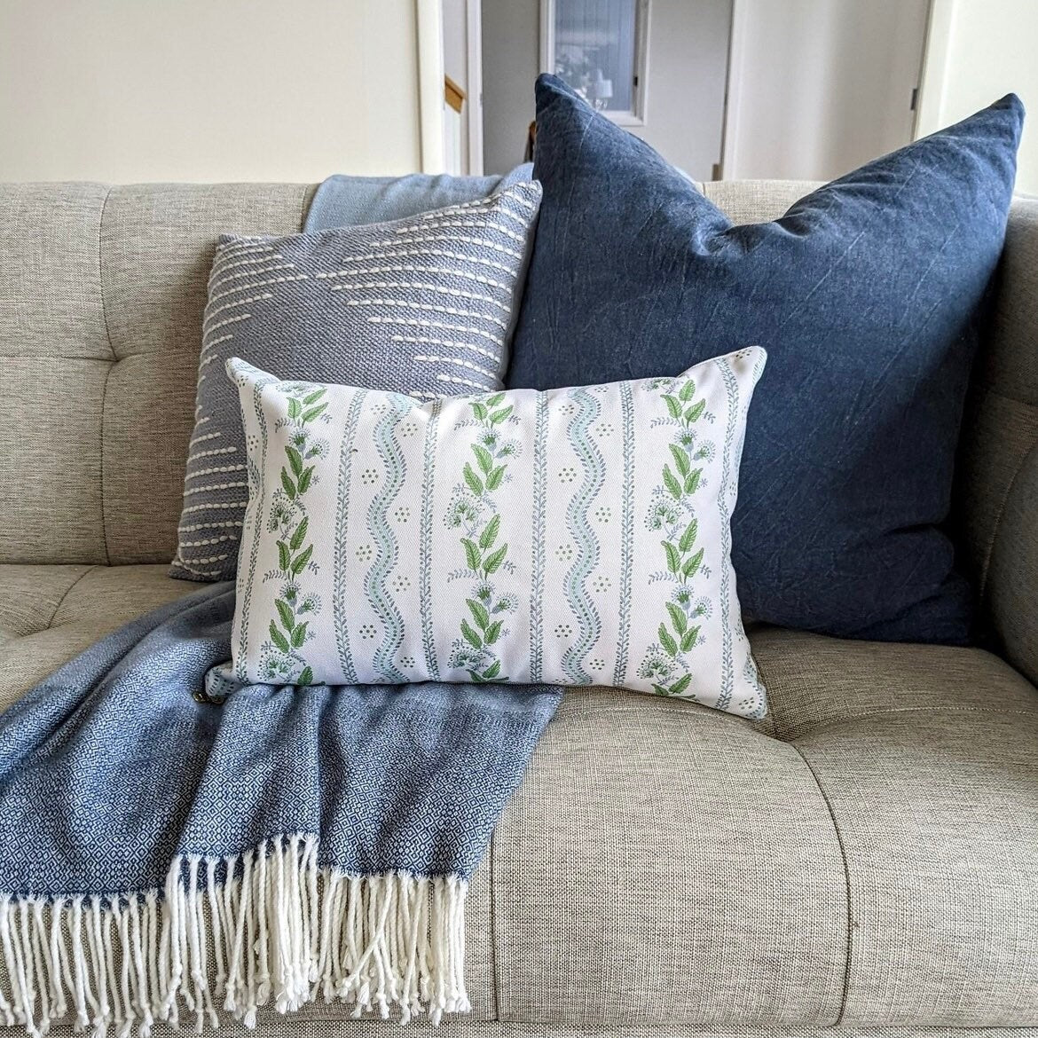 Cover Only | Emma Stripe Soft Blue and Green | Designed by Danika Herrick | Grandmillennial Accent Pillow