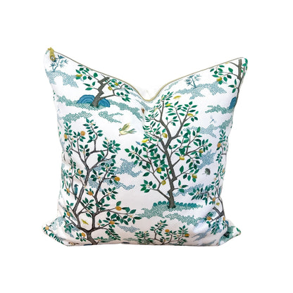 Overstock - Cover Only | Citrus Grove Toile Blue and Green | Designed by Danika Herrick | Grandmillennial Throw Pillow