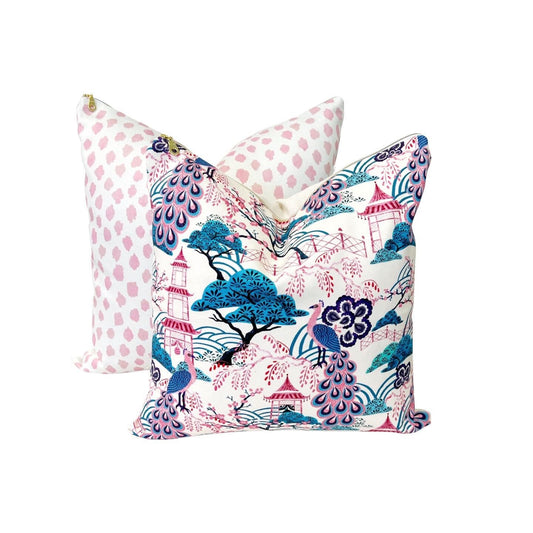 Peacock Pillow Cover Set : Large Pink Dots + Peacock | blue and green throw pillows by Danika Herrick