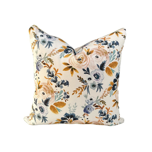 Cover Only | Victoria Floral Blue Mustard | Designed by Crystal Walen | Grandmillennial Accent Pillow