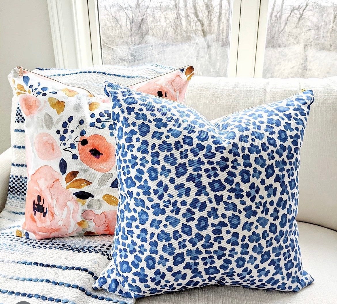 Cover Only | Blue Leopard Print Throw Pillow |Designed by Danika Herrick | Grandmillennial Throw Pillow