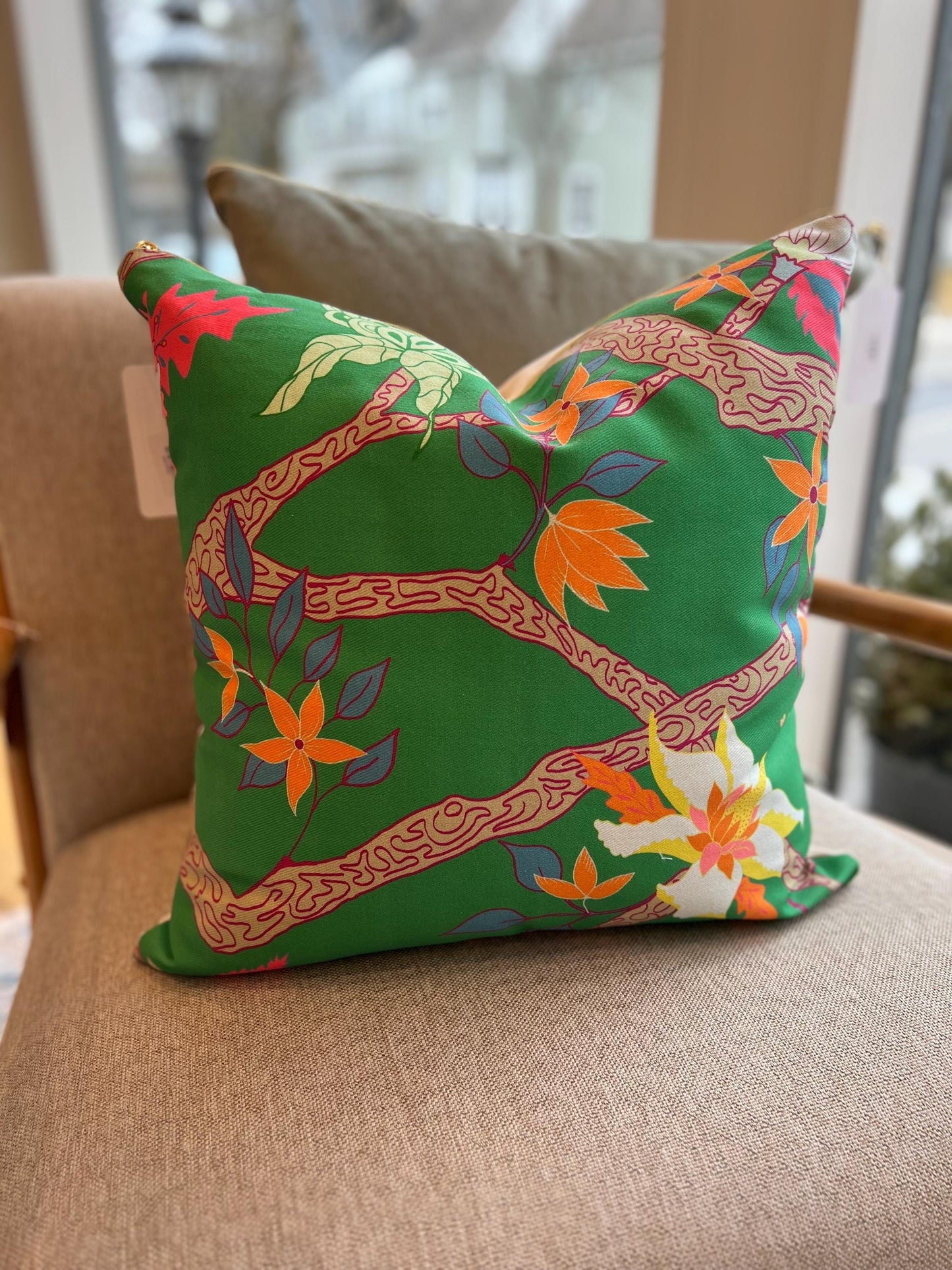 Cover Only | Green Peony Branch |Designed by Danika Herrick | Blue and White Chinoiserie Pillow | Grandmillennial
